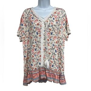 Boho Floral Tassel Tie Cream Blouse with Coral Trim